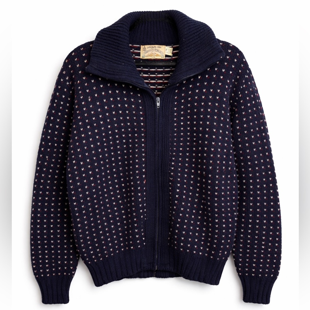 Vintage London Fog Wool Zip Sweater Cardigan XL Navy Nordic Pattern Outdoors